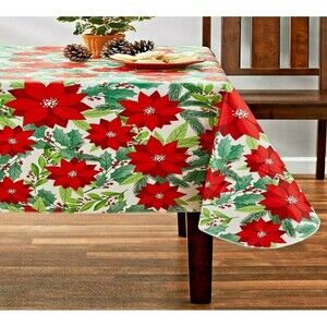 Poinsettia Flowers Tablecloth 60 x 84-in PEVA Green Red White Holiday Gift NIP